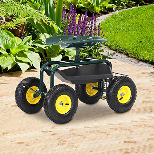 kinbor Garden Cart Rolling Work Seat Gardening Planting with Heavy Duty Wheels Tool Tray Storage Basket