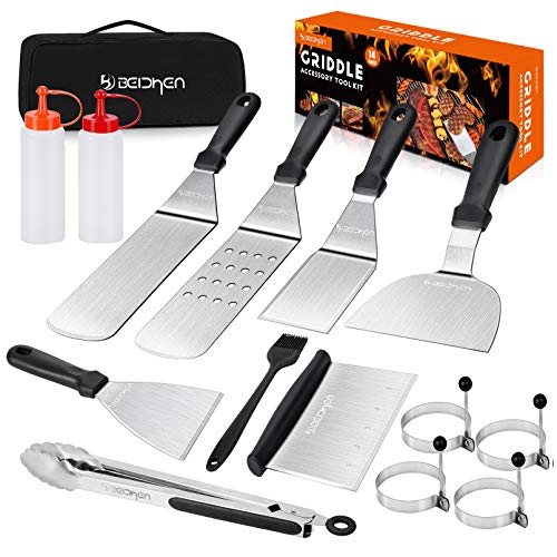 Beichen Griddle Accessories Kit 14 Pcs Stainless Steel Griddle Grill Tools Set Blackstone and Camp Chef Professional Grill Spatula Set for Men Women Outdoor BBQ and Camping