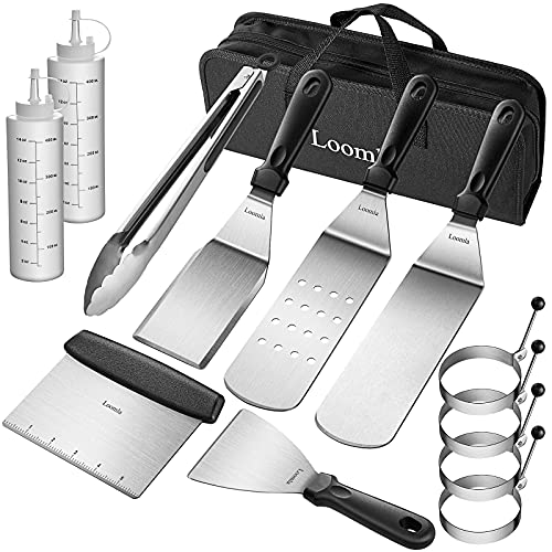 Loomla Griddle Accessories for Blackstone13 Pc Flat Top Grill Accessories with Scraper Spatulas Tongs 2 Bottles 4 Egg Rings Griddle Spatulas Set Stainless Steel BBQ Accessories for Camping