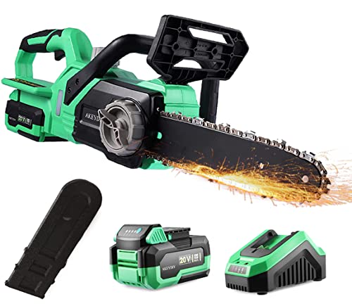 KGK 20V 40Ah Cordless Electric Chainsaw 10 Inch Handheld Battery Powered Chainsaw with Security Lock Rechargeable Mini Electric Power Chain saws for Trees Wood Farm Garden Ranch Forest Cutting