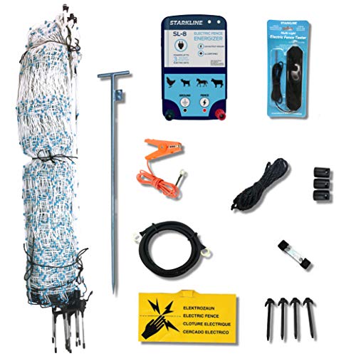 Starkline Electric Poultry Netting Kit wAC Energizer  48x82 WhiteBlue Poultry Netting  (12483) AllinOne Electric Fence Kit for Backyards Homesteads Ranches or Farms