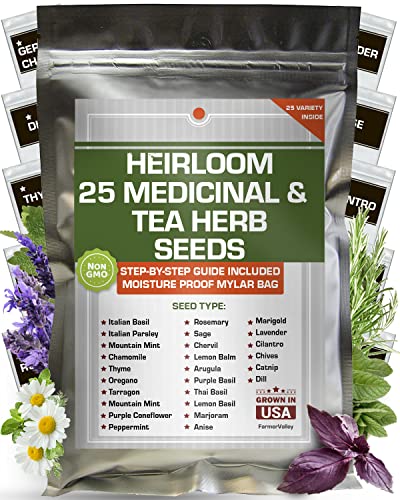 Set of 25 Medicinal Herbs and Herbal Tea Garden Seed Collection  Assorted Culinary Herb Seeds Variety Pack Including Lavender Chamomile Thyme Oregano Marjoram and More