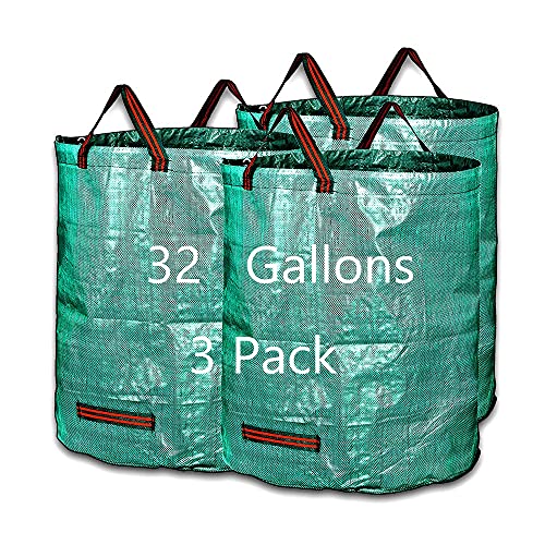 Maktliea heavy duty Waterproof Collapsible GardenBag 3Pack 32 Gallons(H30 D18 inches) Garden Lawn and Leaf Bags Reuseable Yard Waste Bags with 4 Handles