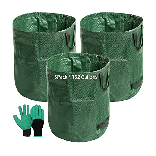 REDYA Reusable Leaf Bags 3 Pack Garden Waste Bags 132 Gallon Reusable Lawn Bags Heavy Duty Yard Waste Bags Containers Waterproof Gardening Leaf Bag with Gloves for Collecting Leaves or Trash