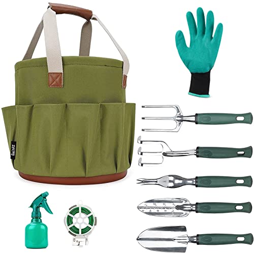 9 Piece Garden Tool Set with 5 Gallon Organizer Bucket Gardening Hand Tools Tote Bag with 18 Pockets Heavy Duty Garden Tools Kit for Women Men Include Storage BagWeederRakeShovelTrowel and More