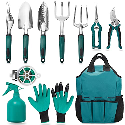 FiveJoy Garden Tool Set 11 Piece Aluminum Alloy Steel Hand Tool Starter Kit with Garden Bag Outdoor Tool Heavy Duty Gardening Work Set with Ergonomic Handle Gardening ToolsGift for Women and Men