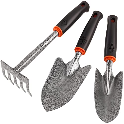 Garden Tool Set LRLXE 3 Piece Steeel Heavy Duty Gardening Kit Includes Garden Shovel Transplant Trowel Cultivator Hand Rake with Soft Rubberized NonSlip Handle Gardening Hand Tools Gifts