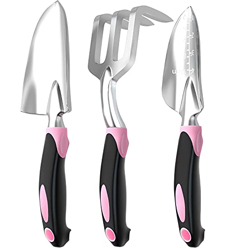 Garden Tool Set SOYUS Heavy Duty 3 Piece Gardening Kit Aluminum Alloy Garden Spade Shovel for Planting Hand Trowel Cultivator Rake with Ergonomic NonSlip Rubber Girp Pink Garden Tools Gifts for Women