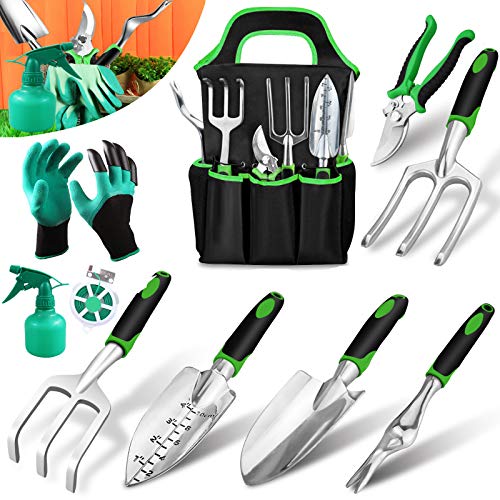 Garden Tools Set 10 Pieces Gardening Kit Gifts with Heavy Duty Aluminum Hand Tool with Storage Organizer and Digging Claw Gardening Gloves Supplies Hand Tools Gardening Gifts for Men Women Kids
