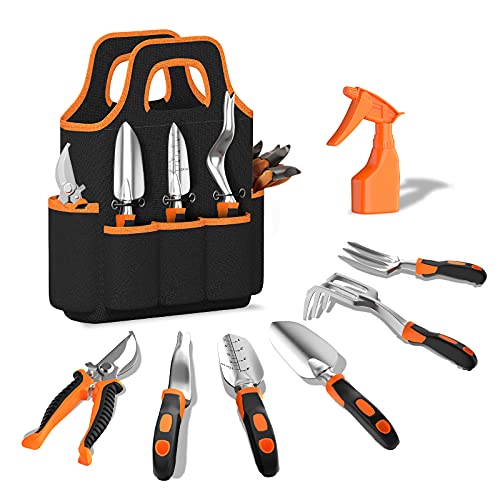 Gardening Tool Set  9 Pieces Aluminium Alloy Garden Tools Kit Included Hand Trowel Shovels Rake Garden Gloves and Garden Tote Heavy Duty Garden Spade Steel Pruning Shears Garden Gifts