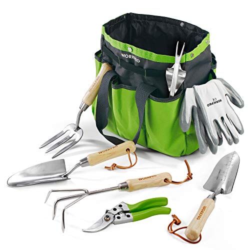 WORKPRO Garden Tools Set 7 Piece Stainless Steel Heavy Duty Gardening Tools with Wooden Handle Including Garden Tote Gloves Trowel Hand Weeder Cultivator and MoreGardening Gifts For Women Men