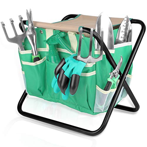 Yongkist 9 PCS Allinone Garden Tools Set Heavy Duty CastAluminium Alloy Gardening Tools Kit with Folding Stool SeatDetachable Canvas Tool Bag NonSlip Rubber Grip Outdoor Hand Tools