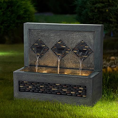 Glitzhome 30 L Garden Waterfall Fountain with LED Lights Decorative Oversized Faux Concrete and Pebbles Polyresin Outdoor Water Fountain for Yard Floor Patio Backyard and Home Art Decor