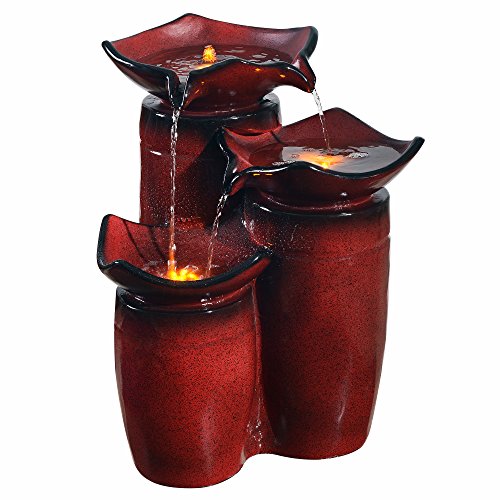 Teamson Home 3 Tiered Floor Water Glazed Pots Fountain with LED Lights and Pump for Outdoor Patio Garden Backyard Decking Décor 20 inch Height Gradient Red
