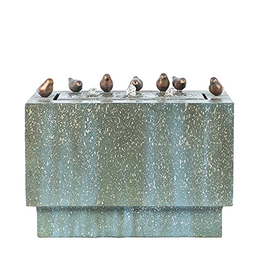 LuxenHöme Stone and Patina Rectangular Fountain with LED Lights Floor Stacked Waterfall Fountain with Bronze Birds Decoration for Garden Back Yard Courtyard 42 Inch Tall PatinaBronze