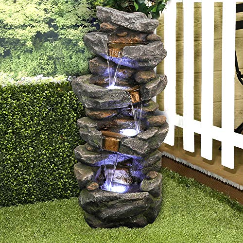 SunJet 40in Outdoor Water Fountain with LED Lights  4Tier Polyresin Rock Water Fountain for Home Garden Yard Patio Deck Decor  Soothing Tranquility FloorStanding Fountain