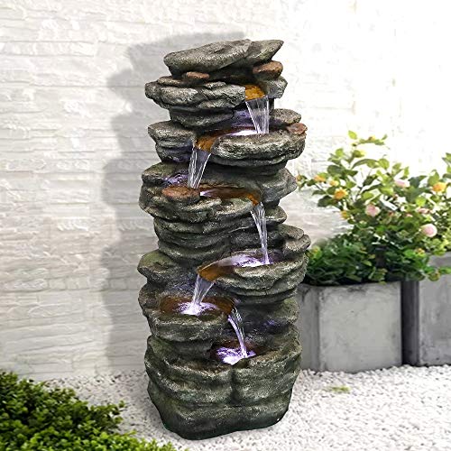 SunJet 6Tiers Rocks Outdoor Water Fountain  40 High Cascading Waterfall with LED Lights Soothing Tranquility for Home Garden Yard Decor