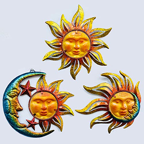 BVLFOOK Sun Face Metal Wall Art Décor Outdoor Indoor Sun Moon Star Metal  Glass Hanging Wall Decoration for Living Room Bedroom Bathroom Garden Patio Porch Fence Balcony Set of 3 9 inch Large Unique Gift for Family  Friends