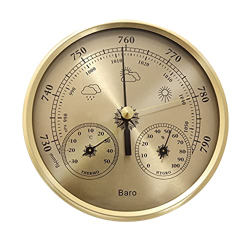 Barometer Thermometer Hygrometer Weather Station Pressure GaugeTemperature Humidity MeasurementWall Mounted，Use for Indoor and OutdoorAir Instrument 3 in 1，Aluminum AlloyBrass