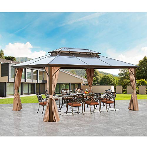 EROMMY 12x16 Outdoor Polycarbonate Double Roof Hardtop Gazebo Canopy Curtains Aluminum Frame with Netting for Garden