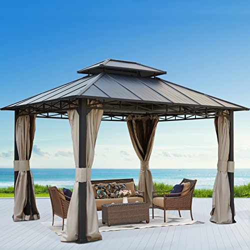 Erinnyees 10 X 12 Double Roof Hardtop Gazebo Outdoor Metal Gazebo with Netting and Curtains for Patios Garden Deck…