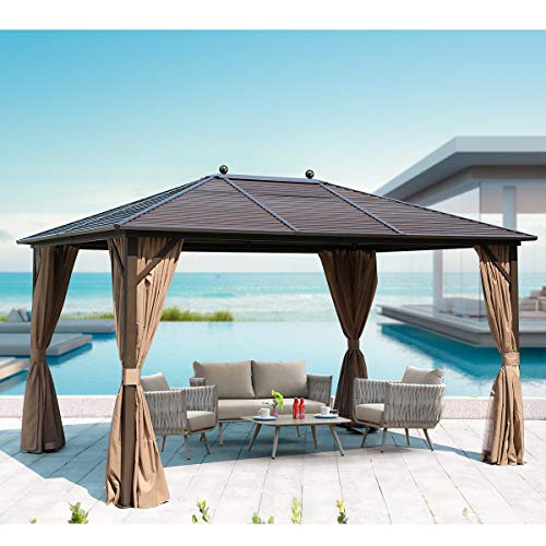 MELLCOM 10 x 13 Hardtop Gazebo Galvanized Steel Metal Single Roof Aluminum Gazebo with Curtains and Netting Brown Permanent Pavilion Gazebo with Aluminum Frame for Patios Gardens Lawns