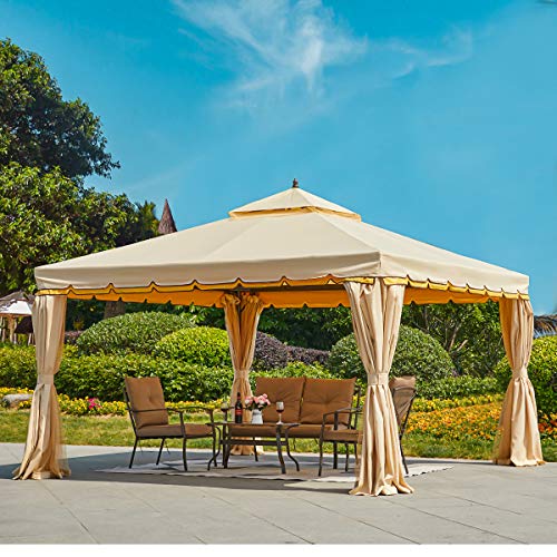 MELLCOM 12 x 12 Outdoor Patio Gazebo Aluminum Frame Soft Top Outdoor Gazebo Canopy with Polyester Curtains and Air Venting Screens Beige