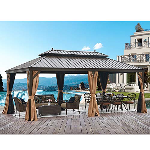 MELLCOM 12 x 20 Hardtop Gazebo Galvanized Steel Metal Double Roof Aluminum Gazebo with Curtains and Netting Brown Permanent Pavilion Gazebo with Aluminum Frame for Patios Gardens Lawns