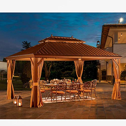 YOLENY 12 X 16‘ Hardtop Gazebo Galvanized Steel Outdoor Gazebo Canopy Double Vented Roof Pergolas Aluminum Frame with Netting and Curtains for GardenPatioLawnsParties