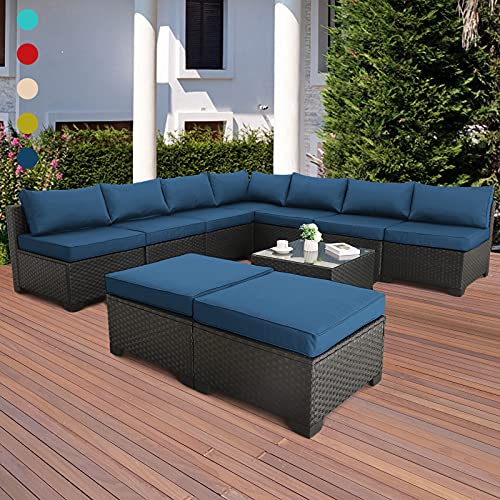 10 Pieces Patio Sectional Furniture Set Outdoor Wicker Conversation Sofa Couch with Blue NonSlip Cushions Furniture Cover Black PE Rattan