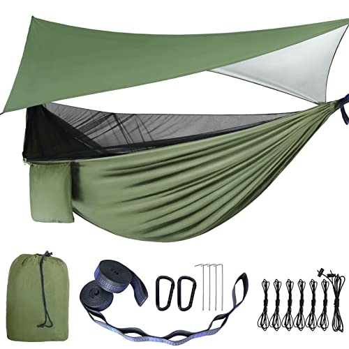 Camping Hammock  Hammocks with Mosquito Net Tent and Rain Fly Tarp Portable Single  Double Nylon Parachute Hammock with Heavy Duty Tree Strap Indoor Outdoor Backpacking Survival Travel