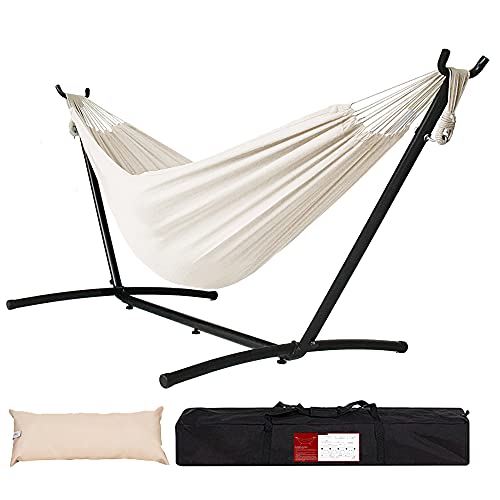Lazy Daze Double Cotton Hammock with Space Saving Steel Stand Includes Portable Carrying Bag and Head Pillow BrazilianStyle Hammock for Indoor Outdoor Patio 450 lbs Capacity Natural