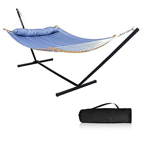 Mansion Home 2 Person Hammock with Stand12 Ft Heavy Duty 450 lbs Outdoor Hammock with Curved Spreader Bar Hammocks for Outside with Stand Pillow  Portable Bag Blue