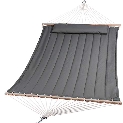 SUNCREAT Double Hammock for 2 Person Extra Large Outdoor Portable Hammock with Hardwood Spreader Bar Soft Pillow 450 lbs Capacity Grey