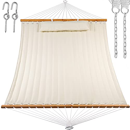 Y STOP 132FT Hammock with Pillow Quilted Fabric Hammock with Chains and Hooks for Outdoor Indoor Double Solid Wood for Two Person Max 440 Lbs Beige (Beige)