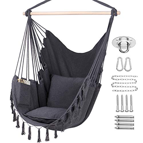Y STOP Hammock Chair Hanging Rope Swing Max 330 Lbs 2 Cushions Included Large Macrame Hanging Chair with Pocket Cotton Weave for Superior Comfort Durability (Grey)