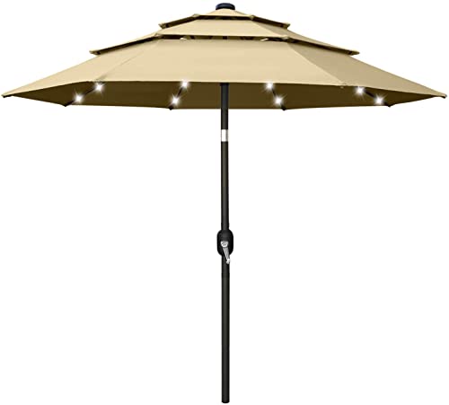 ABCCANOPY 11FT Solar 3 Tiers Market Umbrella Patio Umbrella Outdoor Table Umbrella with 32 LED Ventilation and Push Button Tilt for Garden Deck Backyard and Pool8 Ribs Khaki