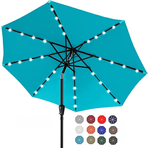 ABCCANOPY 9FT Patio Umbrella Ourdoor Solar Umbrella LED Umbrellas with 32LED Lights Tilt and Crank Table Umbrellas for Garden Deck Backyard and Pool12Colors(Turquoise)