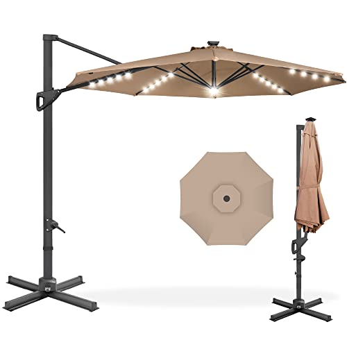 Best Choice Products 10ft Solar LED Cantilever Patio Umbrella 360Degree Rotation Hanging Offset Market Outdoor Sun Shade for Backyard Deck Poolside wLights Easy Tilt Cross Base  Tan