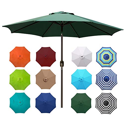 Blissun 9 Outdoor Aluminum Patio Umbrella Striped Patio Umbrella Market Striped Umbrella with Push Button Tilt and Crank (Dark Green)