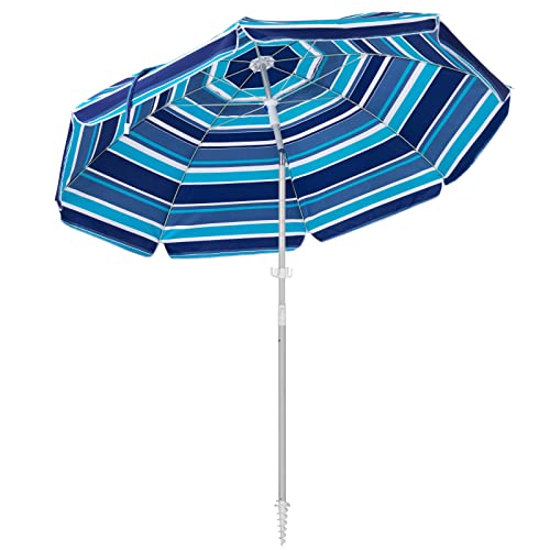 SERWALL 75FT Beach Umbrella UV 50 Outdoor Portable Sunshade Umbrella with Sand Anchor Push Button Tilt and Carry Bag for Patio Outdoor Garden Beach (BlueWhite Stripe)