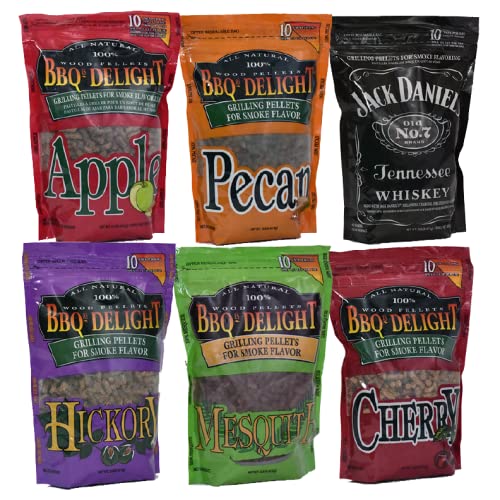 BBQrs Delight Wood Smoking Pellets  Super Smoker Variety Value Pack  1 Lb Bag  Apple Hickory Mesquite Cherry Pecan and Jack Daniels