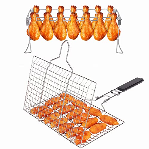 Grill Accessories Grill Basket and Grill Rack Portable Folding Stainless Steel Fish Grilling Basket with Removable Handle for Vegetables Steak Grill Rack for Smoker Grill or Oven by VOXPOA