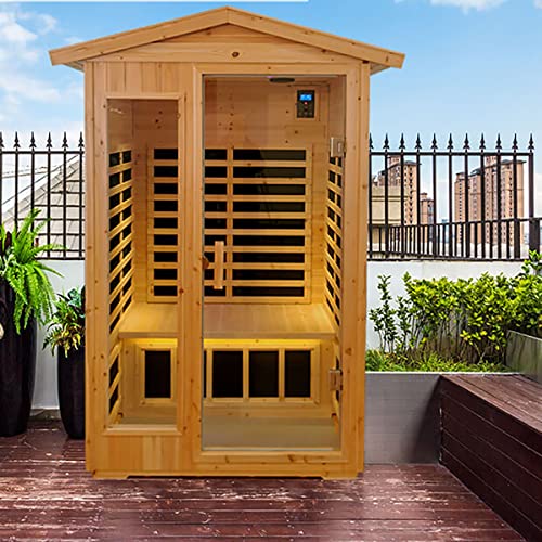 Xmatch Far Infrared Wooden Outdoor Sauna 2Person Size 1750W 9 Low EMF Heaters 10 Minutes PreWarm up Time and Temp PreSet 2 Bluetooth Speakers 2 LED Reading Lamp and 2 Chromotherapy Lights