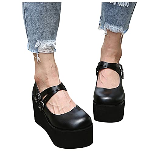Womens Faux Leather Wedge Gothic Mary Jane Shoes Platform High Heel Cute Ankle Cross Strap Pumps Vintage Dress Wedges for Women