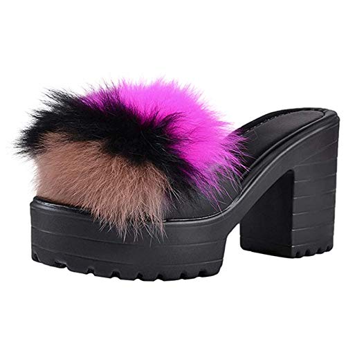 morecome Womens Colored Furry Platform Chunky Heel Slippers Sandals Fashion Open Toe High Heel Sandals Pumps Black