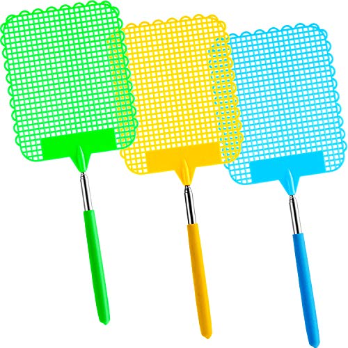 3 Pieces Large Extendable Fly Swatter Manual Swat Pest Control with Flexible Telescopic Handle (Yellow Green Blue)