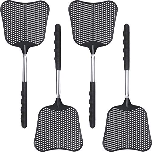 4 Pieces Plastic Fly Swatters Telescopic Handle Swatters Black Fly Swatters with Stainless Steel Handle for Indoor Outdoor Classroom Home Office