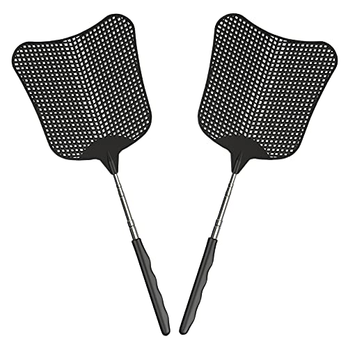 Foxany Fly Swatters Large Flexible Plastic Fly Swatter Heavy Duty Set Telescopic Flyswatter with Stainless Steel Handle for IndoorOutdoor (2 Pack)