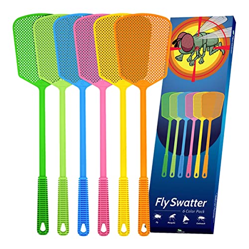 Kensizer 6Pack Plastic Fly Swatters Heavy Duty Multi Pack Matamoscas Long Handle Fly Swat Shatter Bulk Large Bug Swatter That Work for Indoor and Outdoor